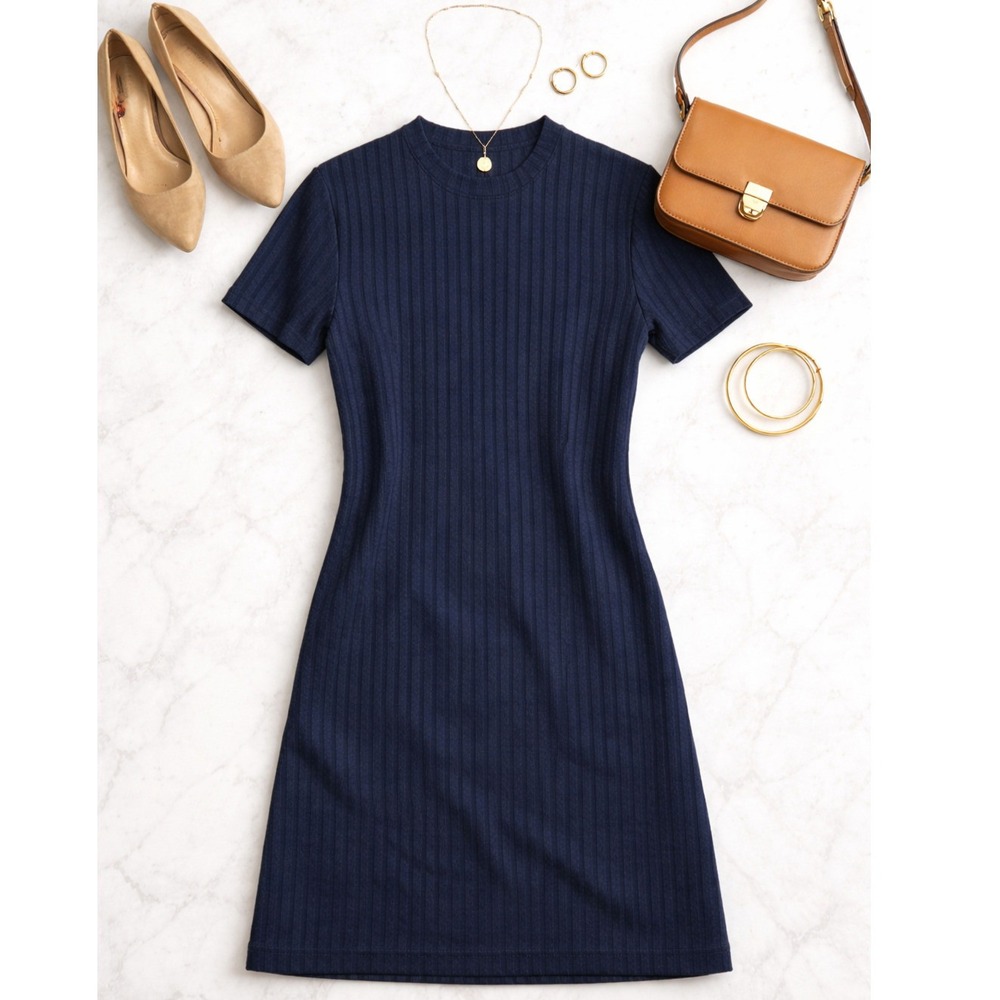 Theory Dolman Shift Dress Striped Knit Navy Blue Stretch Sz P Minimalist Chic